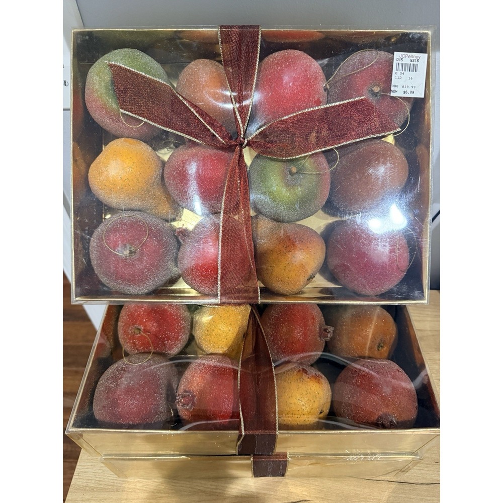 3 Boxes Christmas Ornaments Sugar Frosted Faux Fruit Apples Pear Life Size VTG